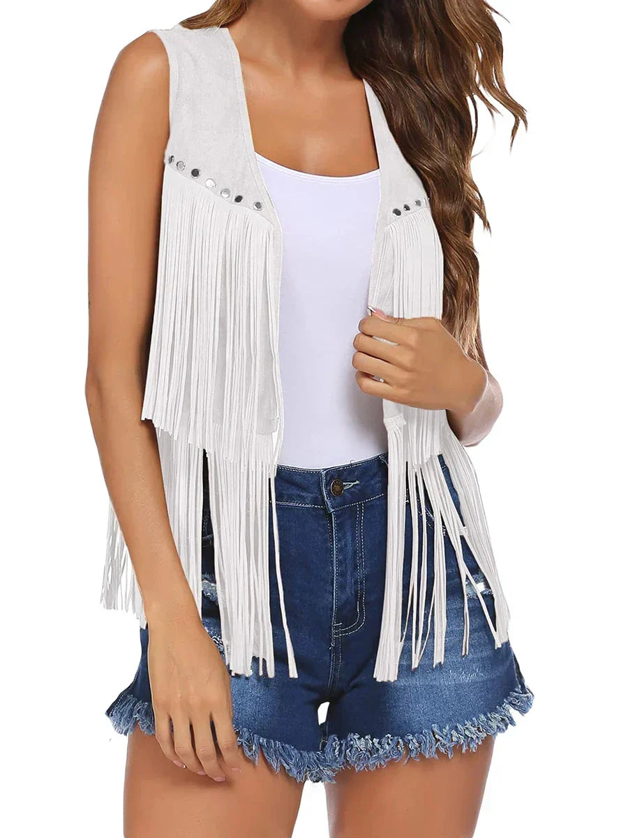 Fringe Suede Look Open Front Vest