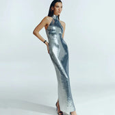 bodycon split maxi dress Sequin Halter Neck High Split Thigh Neckline Size:11 US / 45 EU Strapless floral maxi dress Silver Semi Formal Dress