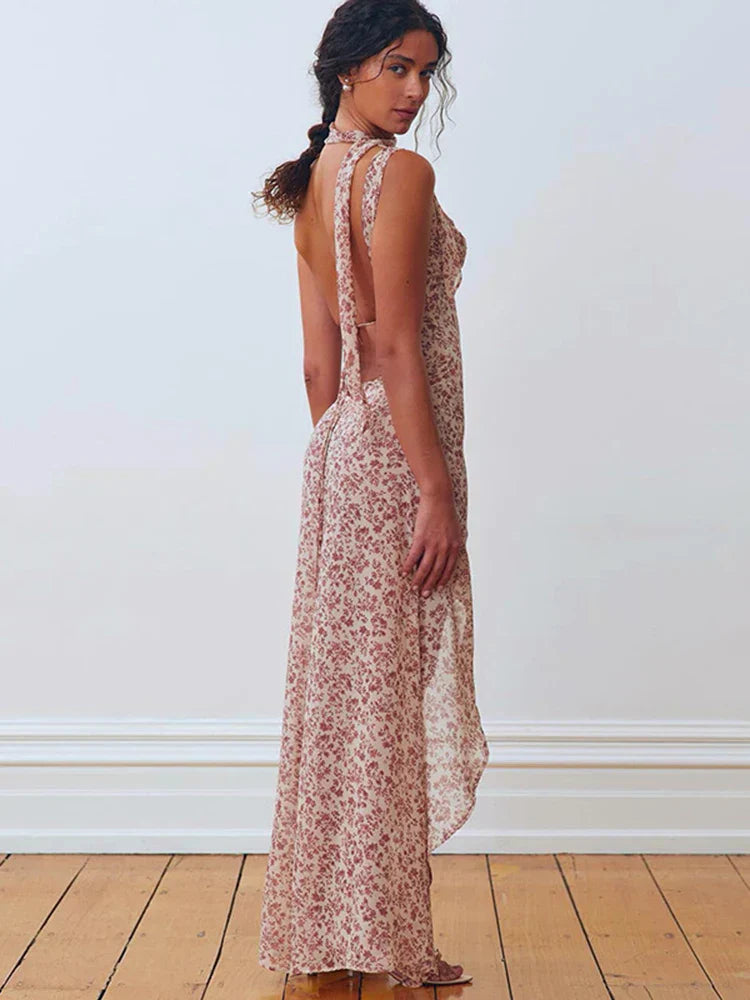 Halter Neck Tie Back Backless Floral Chiffon Maxi Dress