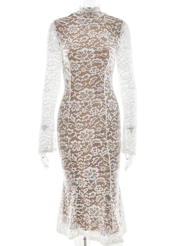 Lace High Neck Long Sleeve Mermaid Hem Bodycon Midi Dress 6