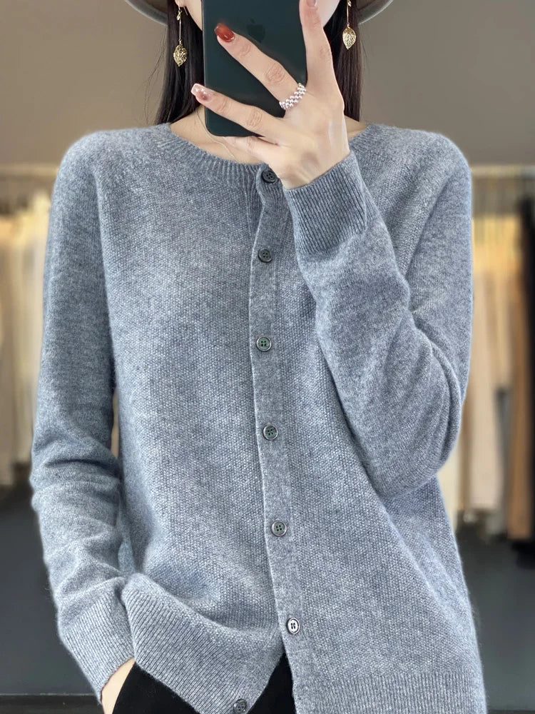 Crew Neck Button Front Long Sleeve Knit Cardigan
