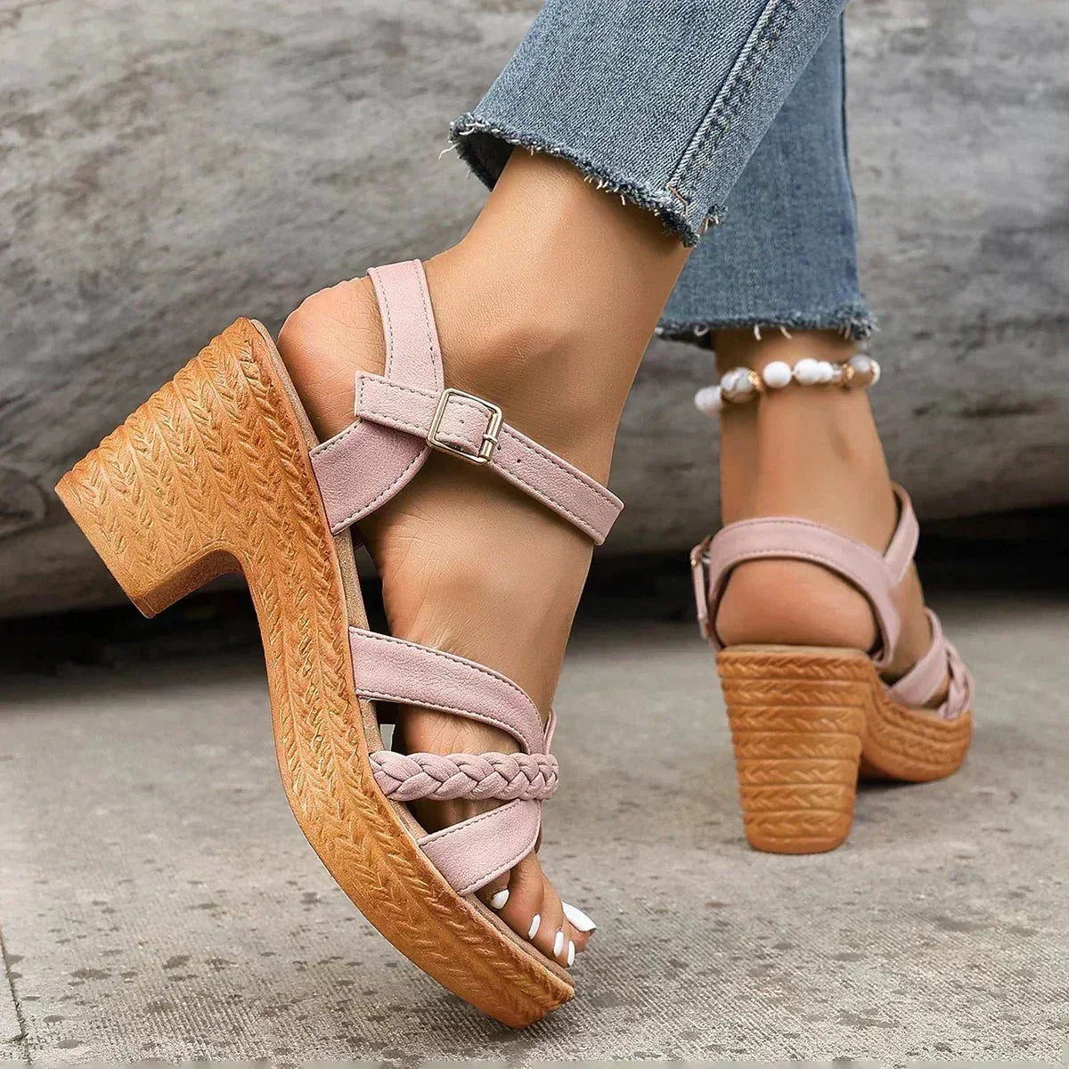 Open Toe Braided Strap Ankle Strap Block Heel Sandals
