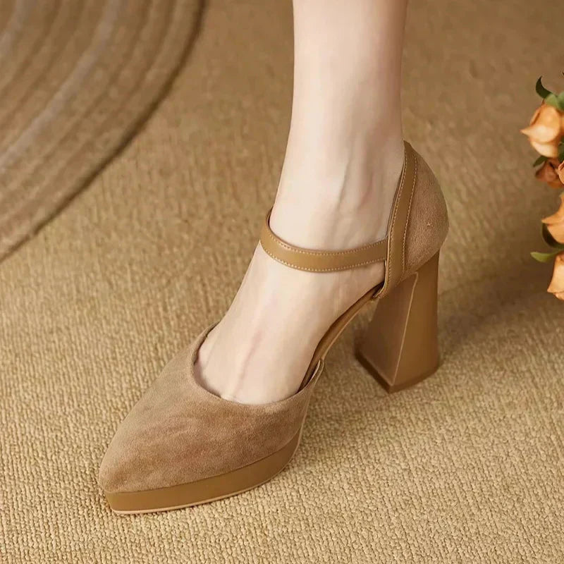 Suede Ankle Strap Platform Block Heel Pumps