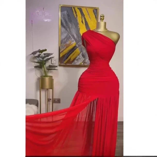 One Shoulder Ruched Mesh Drop Waist Pleated Maxi Dress 6