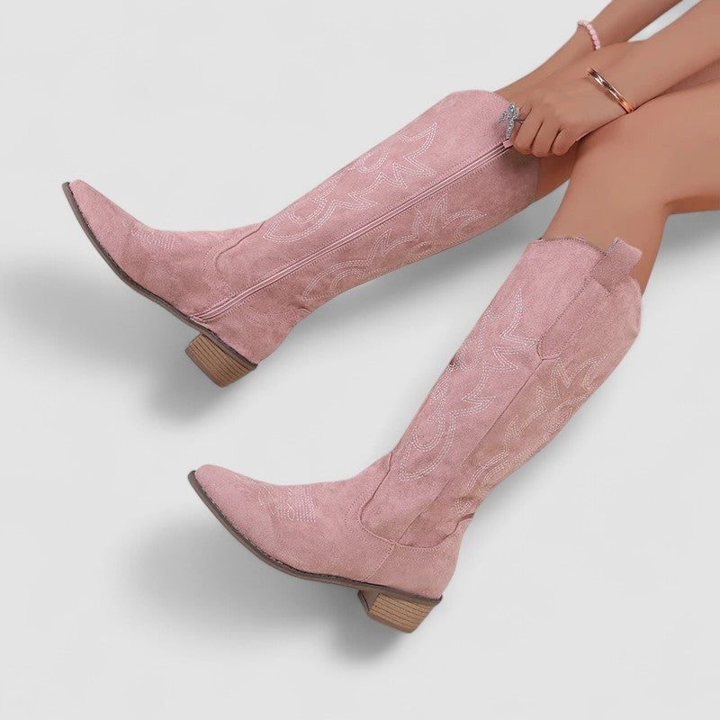 Embroidered Pointed Toe Western Knee High Boots