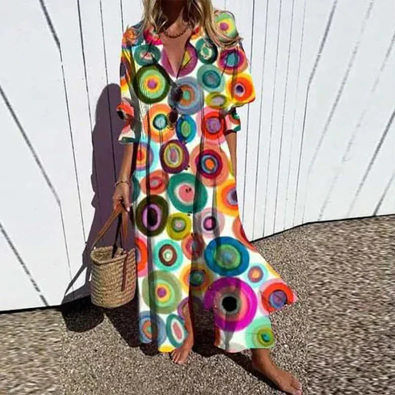 Caitlyn - Bohemian Puff Sleeve Maxi Dress Rainbow