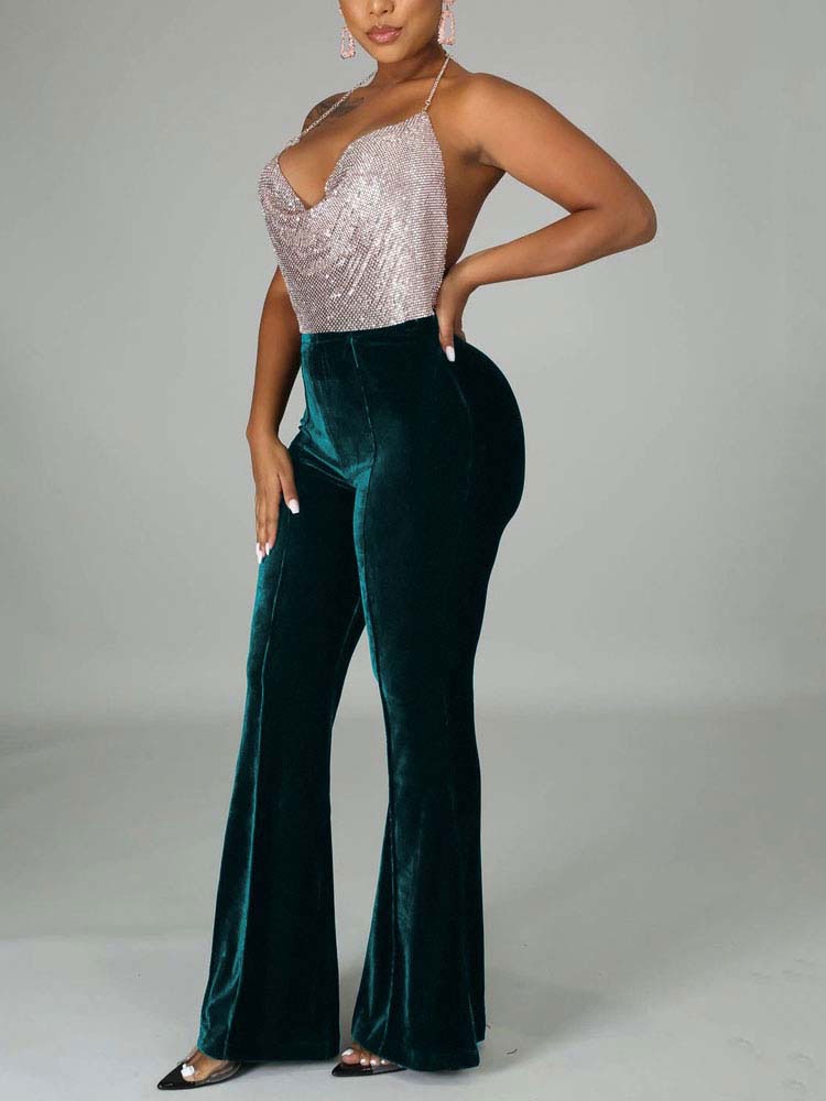 High Waist Velvet Front Seam Flare Leg Bell Bottom Pants 2