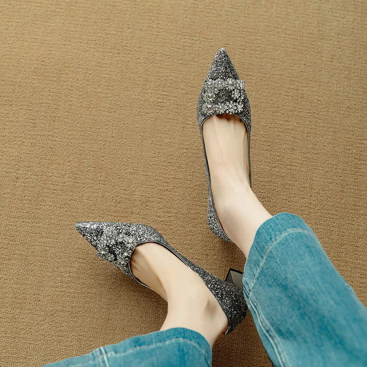 Glitter Pointed Toe Embellished Block Heel Pumps