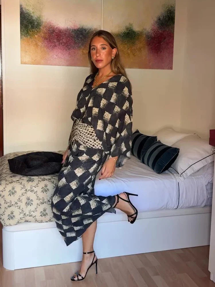 Checkerboard Print Kimono Sleeve Top and Wide Leg Pants Two Piece Set