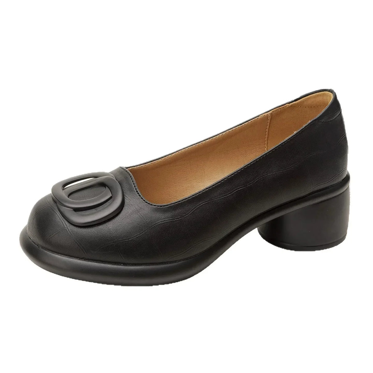 Round Toe Slip On Buckle Block Heel Pumps