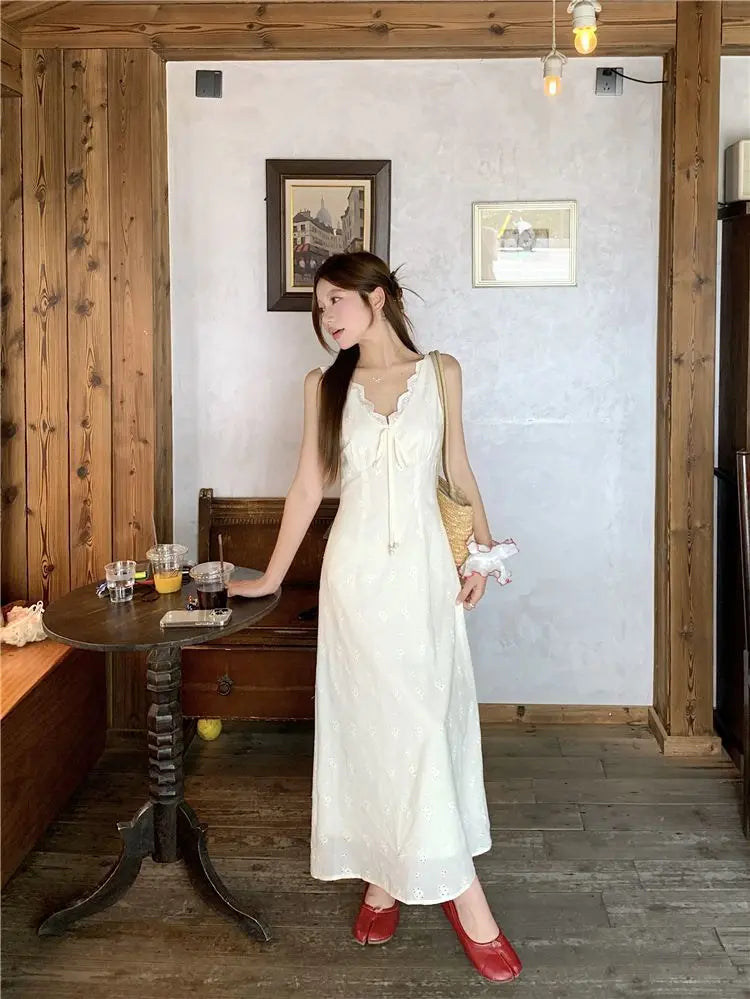 Eyelet V-Neck Lace Trim Slip Midi Dress Summer 6