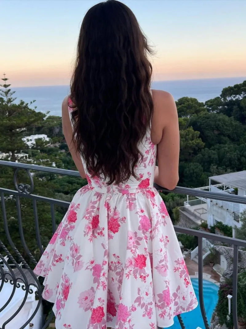 Floral Print Square Neck Corset Fit and Flare Skater Mini Dress