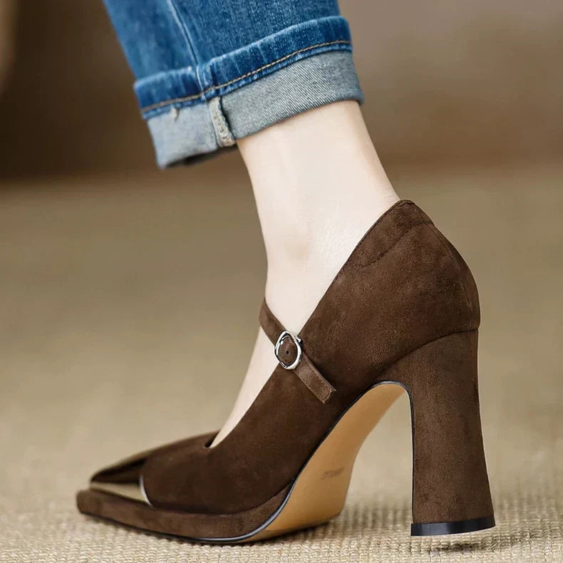 Pointed Toe Metal Cap Ankle Strap Block Heel Pumps