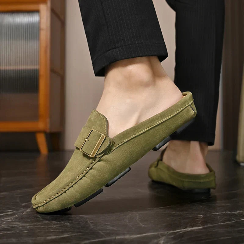 Suede-Look Buckle Backless Loafer Mules