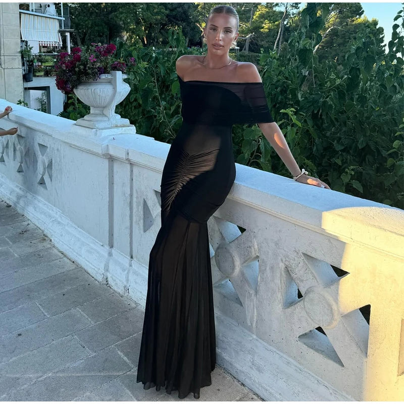 Patchwork Mesh Off Shoulder Midi Dress 7