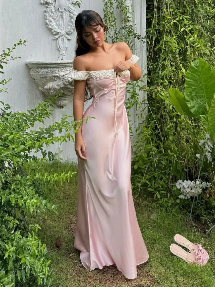 Satin Off Shoulder Lace Up Front Contrast Trim Maxi Dress