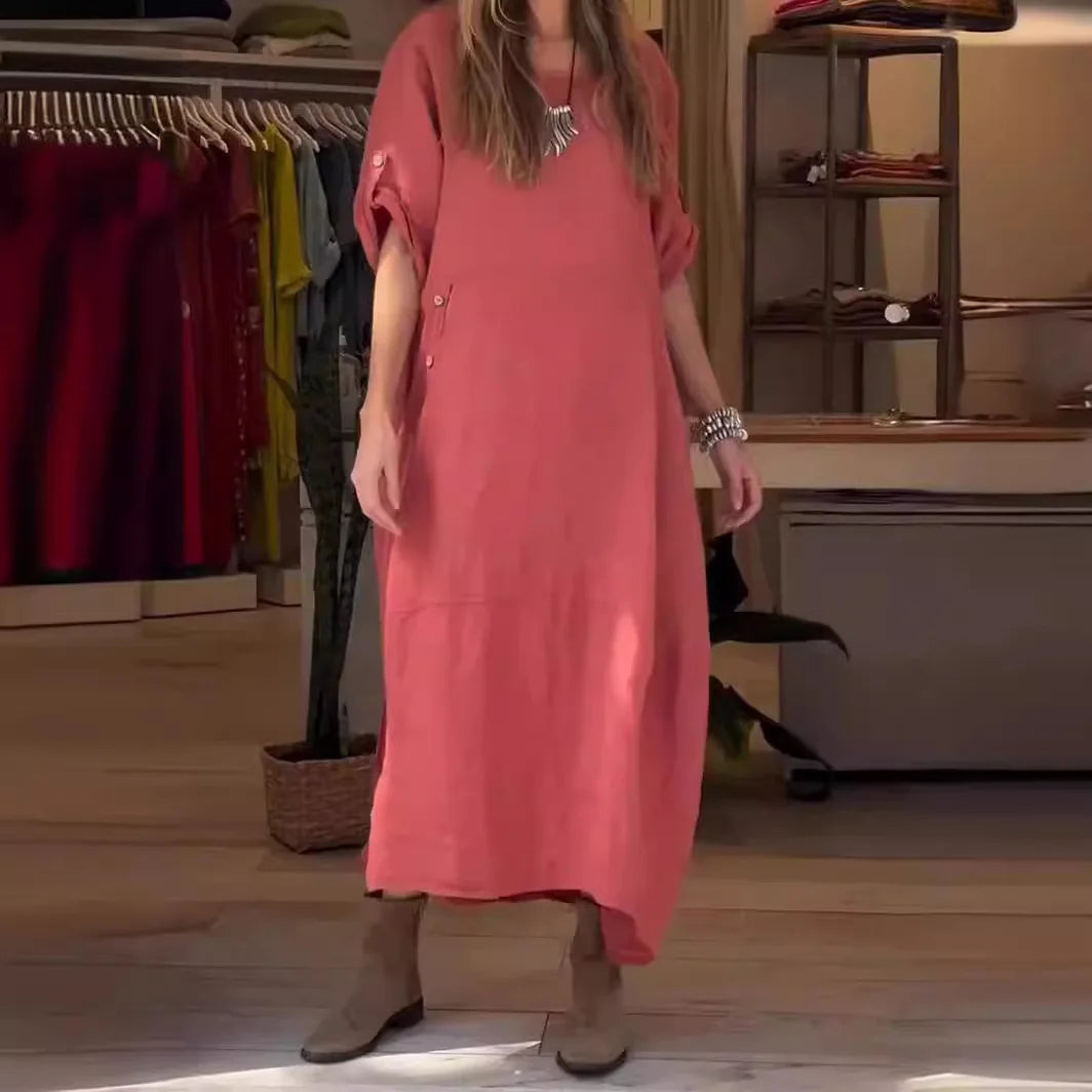 V-Neck Roll Tab Sleeve Pocket Oversized Maxi Dress