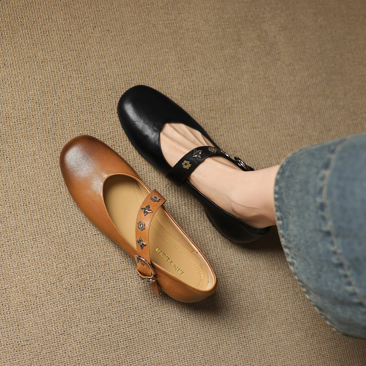 Square Toe Buckle Ankle Strap Mary Jane Flats