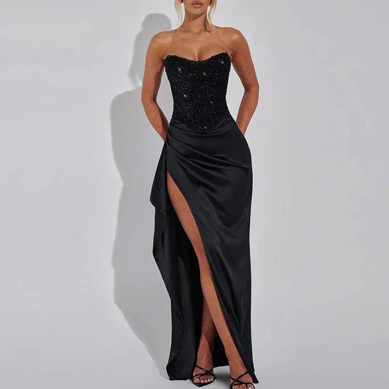 Sequin Edition Strapless High Slit Maxi Party Dress