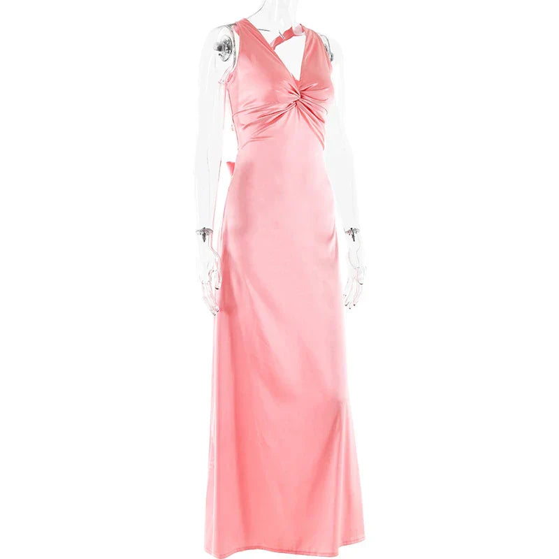 V Neck Sleeveless Satin Bow Backless Maxi Dress