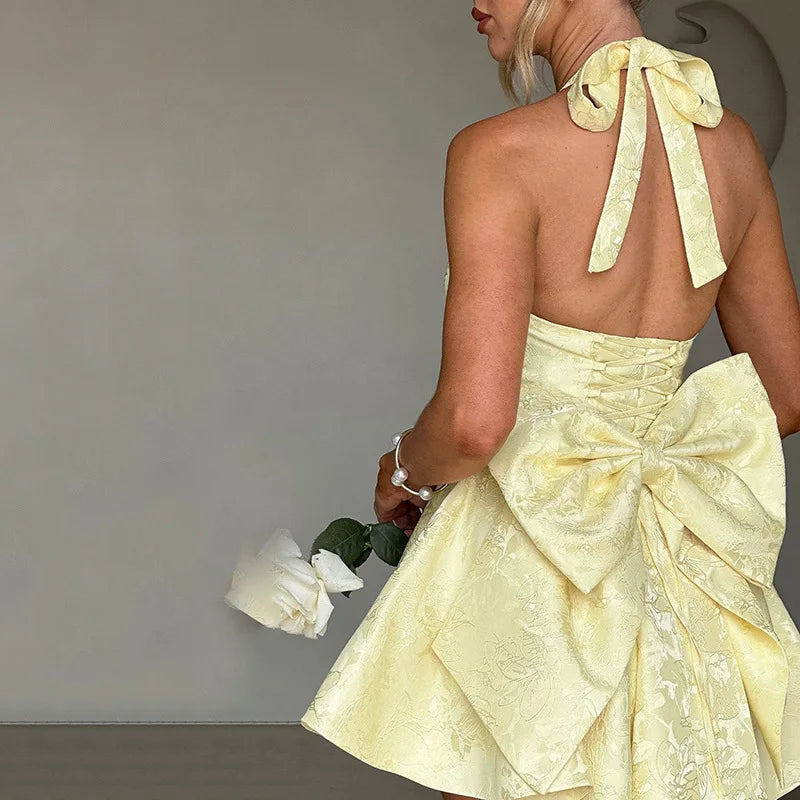 Jacquard Halter Neck Deep V-Neck Back Bow Flare Mini Party Dress