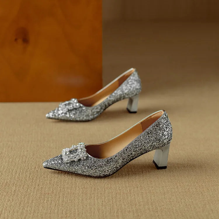 Pointed Toe Glitter Rhinestone Buckle Block Heel Pumps