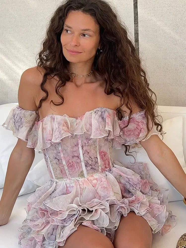 Pink Chiffon Off Shoulder Layered Floral Dress 9