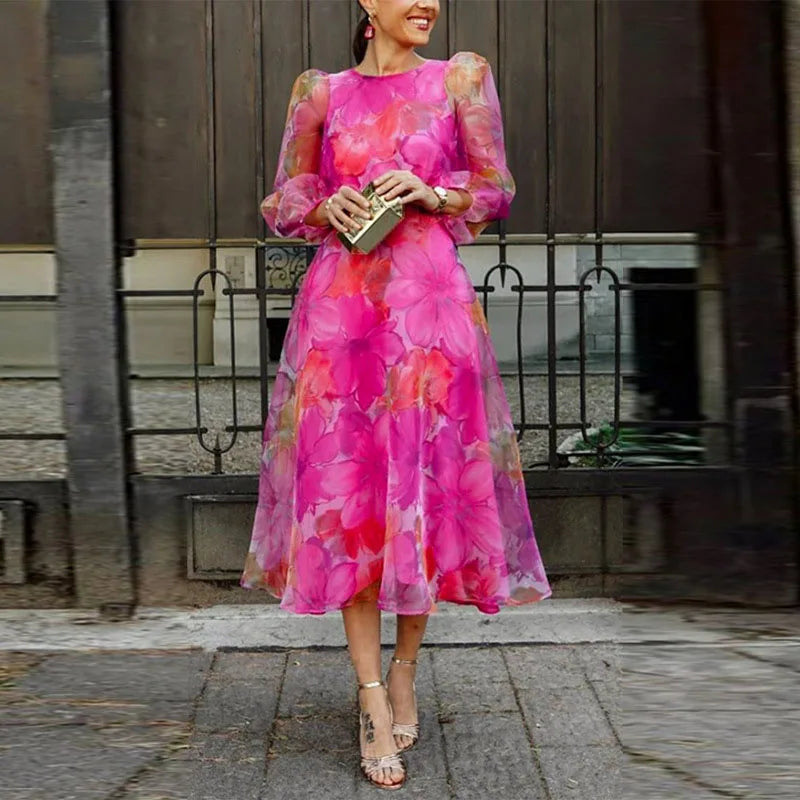 Floral Organza Puff Sleeve Fit and Flare Midi Dress