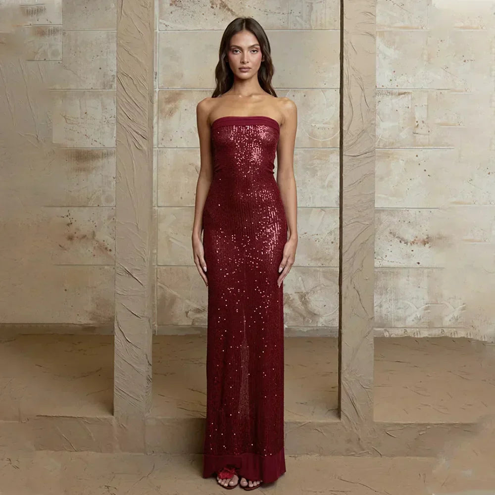 Sequin Strapless Bodycon Maxi Dress with Chiffon Hood Scarf 7