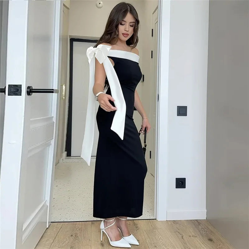 Contrast Trim Off Shoulder Bow Sash Bodycon Midi Dress 10