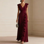 Chiffon Deep V-Neck Ruffle Cascade A-Line Maxi Gown 4