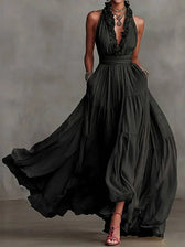 Halter Neck Deep V-Neck Ruffle Chiffon Maxi Dress 2