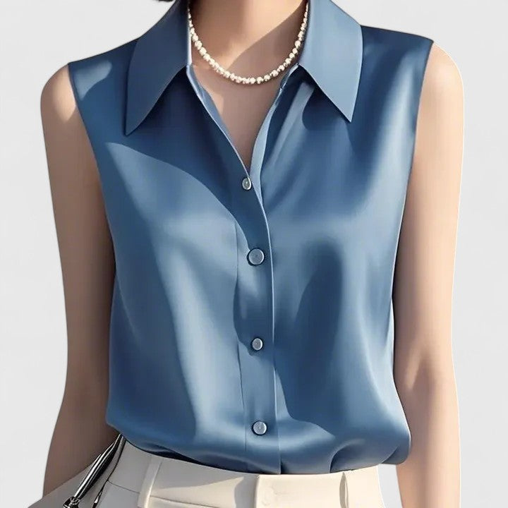 Collared Sleeveless Button Front Satin Blouse