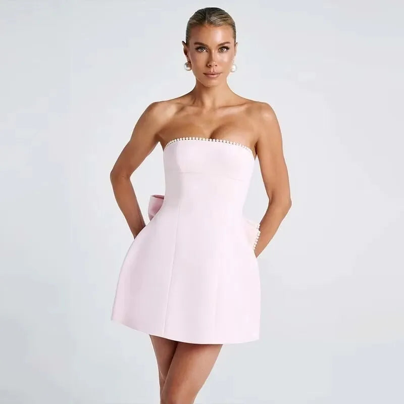 Pearl Bow Waist Wrap Backless Mini Dress 9