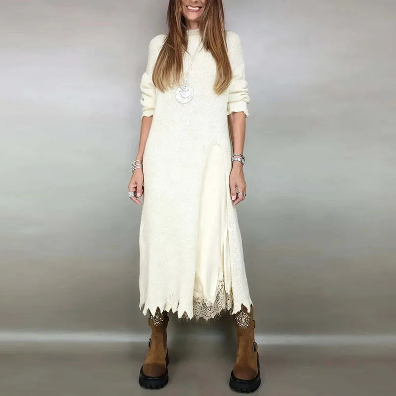 Knit High Neck Long Sleeve High Split Maxi Two Piece Set 3