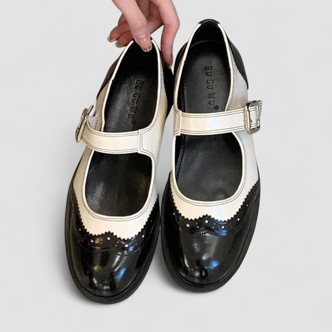 Round Toe Brogue Wingtip Buckle Strap Mary Jane Pumps