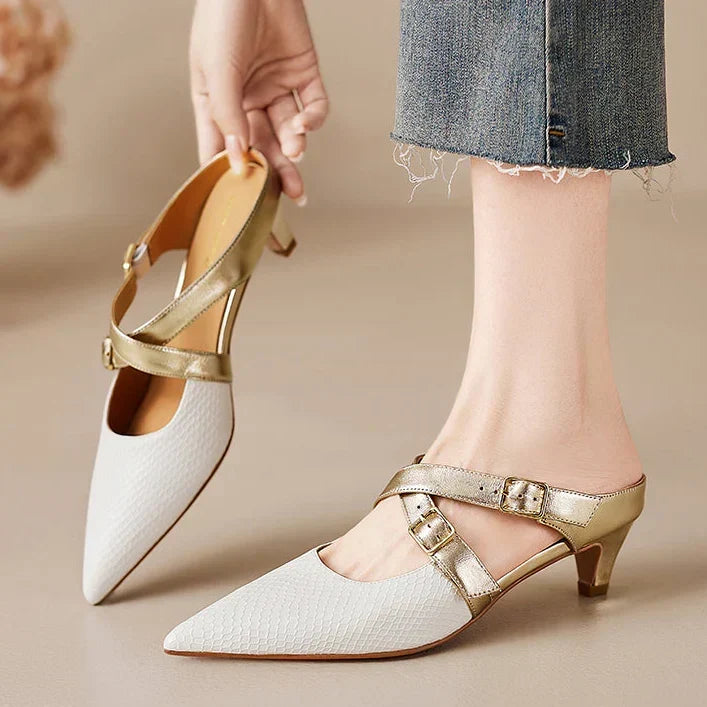 Pointed Toe Buckle Strap Slingback Kitten Heel Pumps