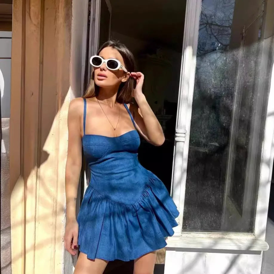 Denim Zip Spaghetti Strap Sheath Party Mini Dress - View 2
