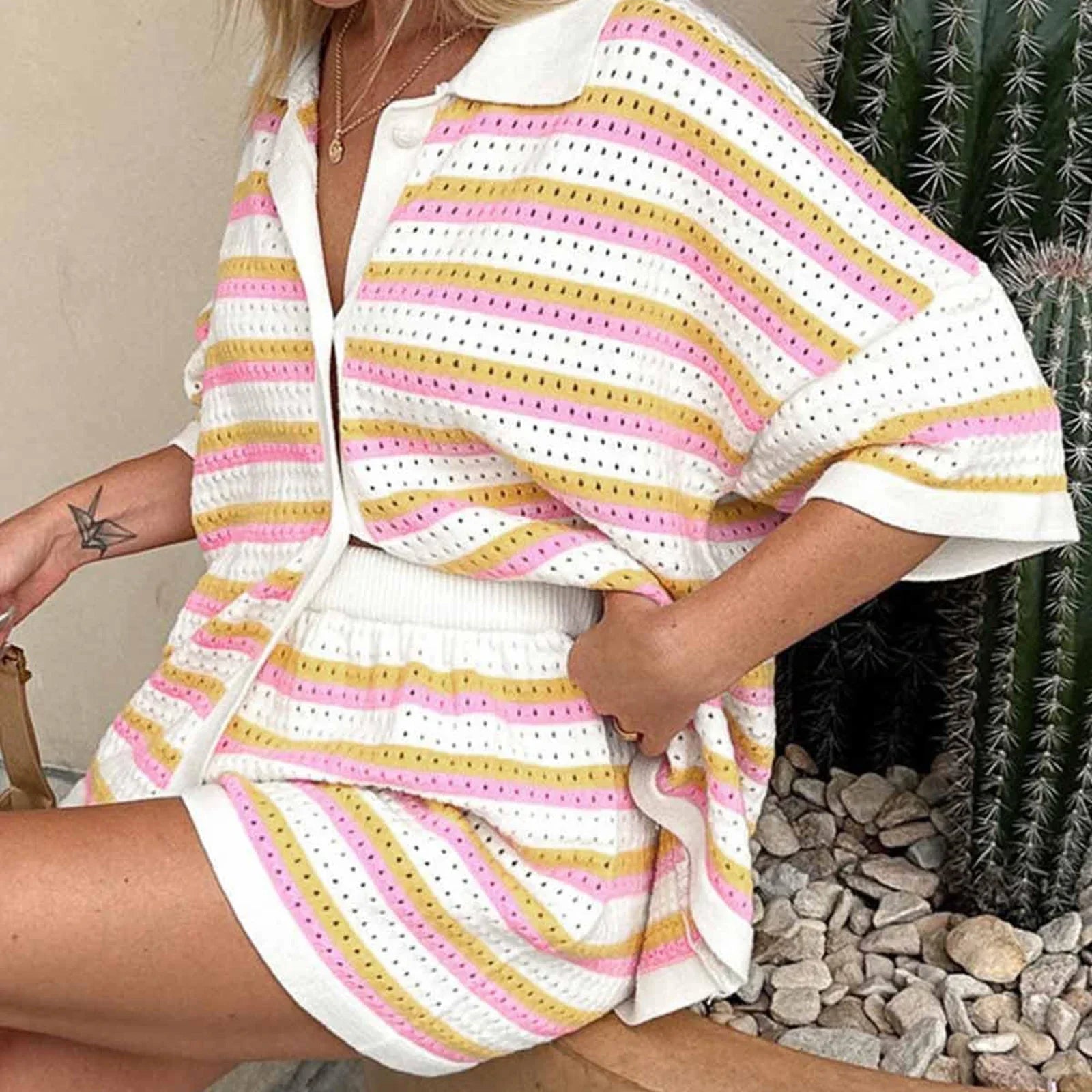 Stripe Contrast Color Button Crochet Top Two Piece Shorts Set