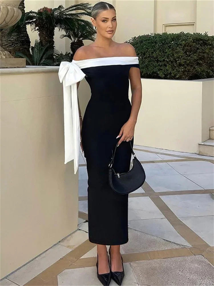 Contrast Trim Off Shoulder Bow Sash Bodycon Midi Dress 2