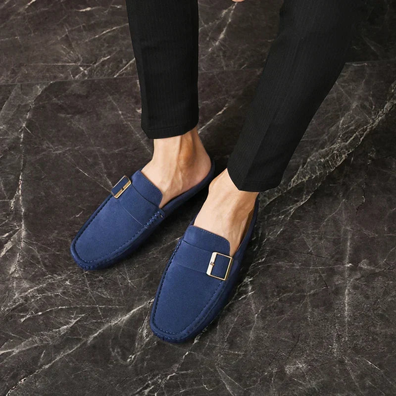 Suede-Look Buckle Backless Loafer Mules