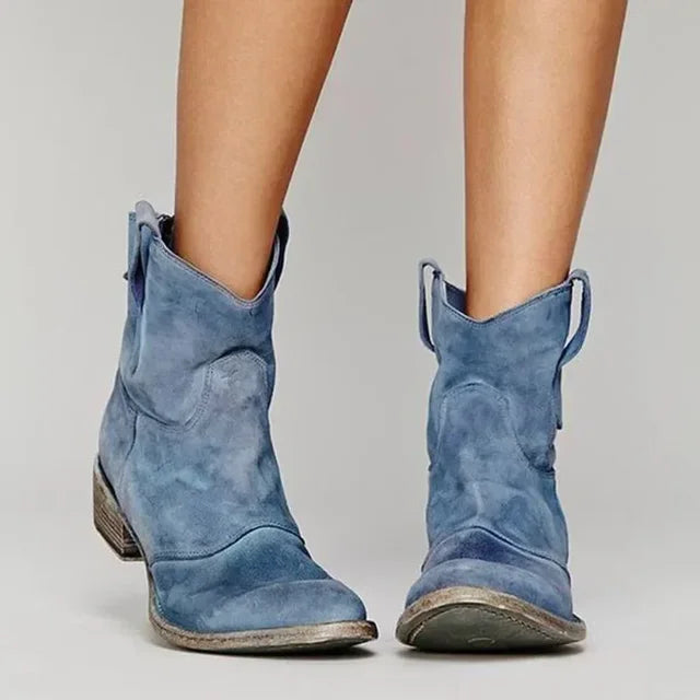 Distressed Suede Look Western Block Heel Ankle Boots
