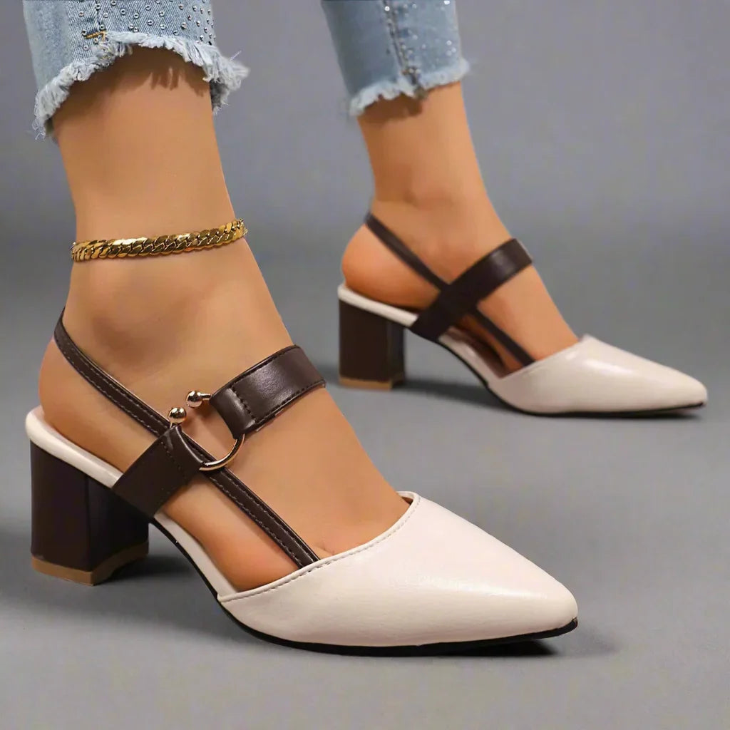 Pointed Toe Buckle Slingback Block Heel Pumps