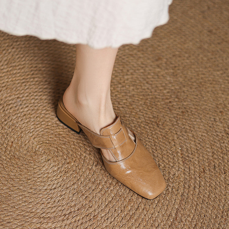 Pointed Toe Block Heel Slip On Mules
