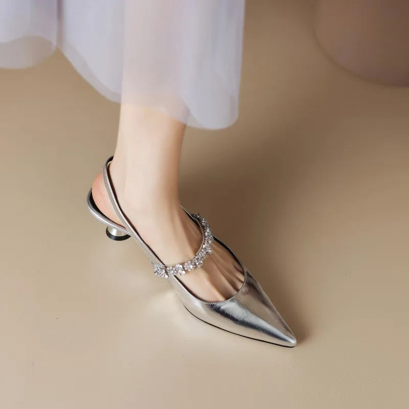 Pointed Toe Rhinestone Strap Kitten Heel Pumps