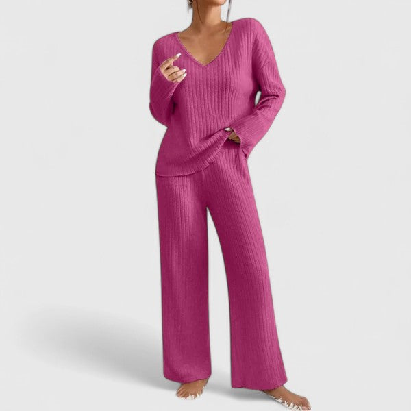 V-Neck Long Sleeve Ribbed Knit Top and Wide Leg Pants Two Piece Set