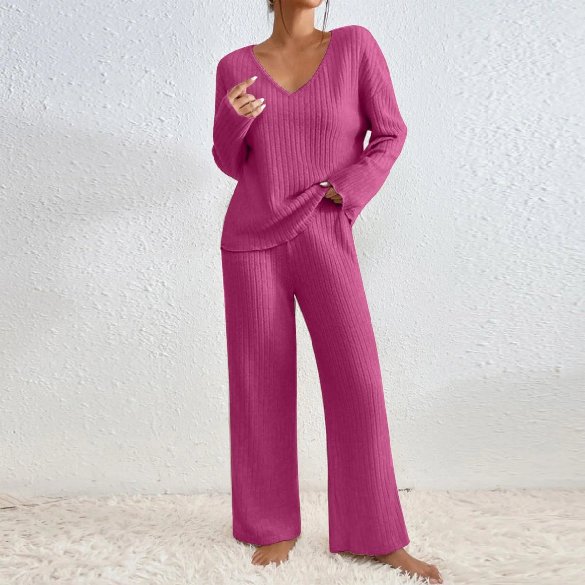 Ribbed Knit V-Neck Long Sleeve Top and Wide Leg Pants Two Piece Set