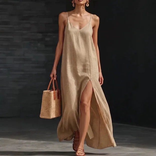 V-Neck Spaghetti Strap High Split Linen Look Maxi Dress