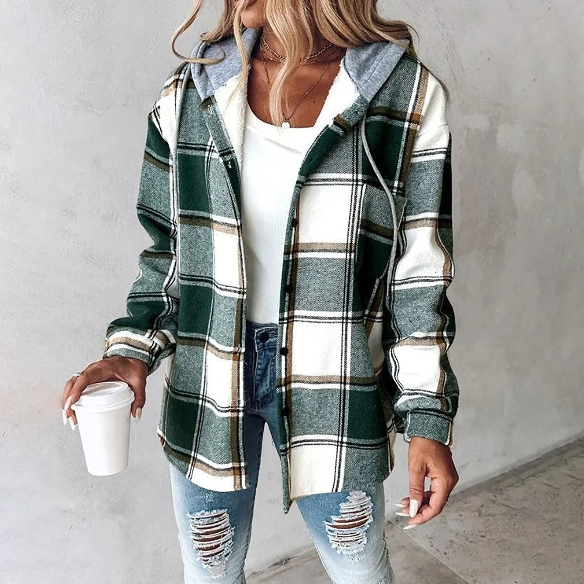Plaid Hooded Button Front Shacket