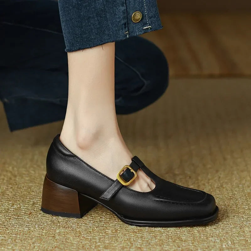 Square Toe T-Strap Buckle Mary Jane Flats